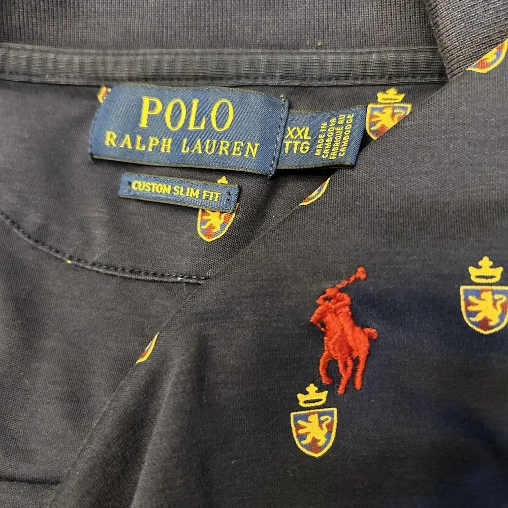 Polo Ralph Lauren Men's XXL Classic Slim Fit Short Sleeve Navy‎ Lion Crests Polo